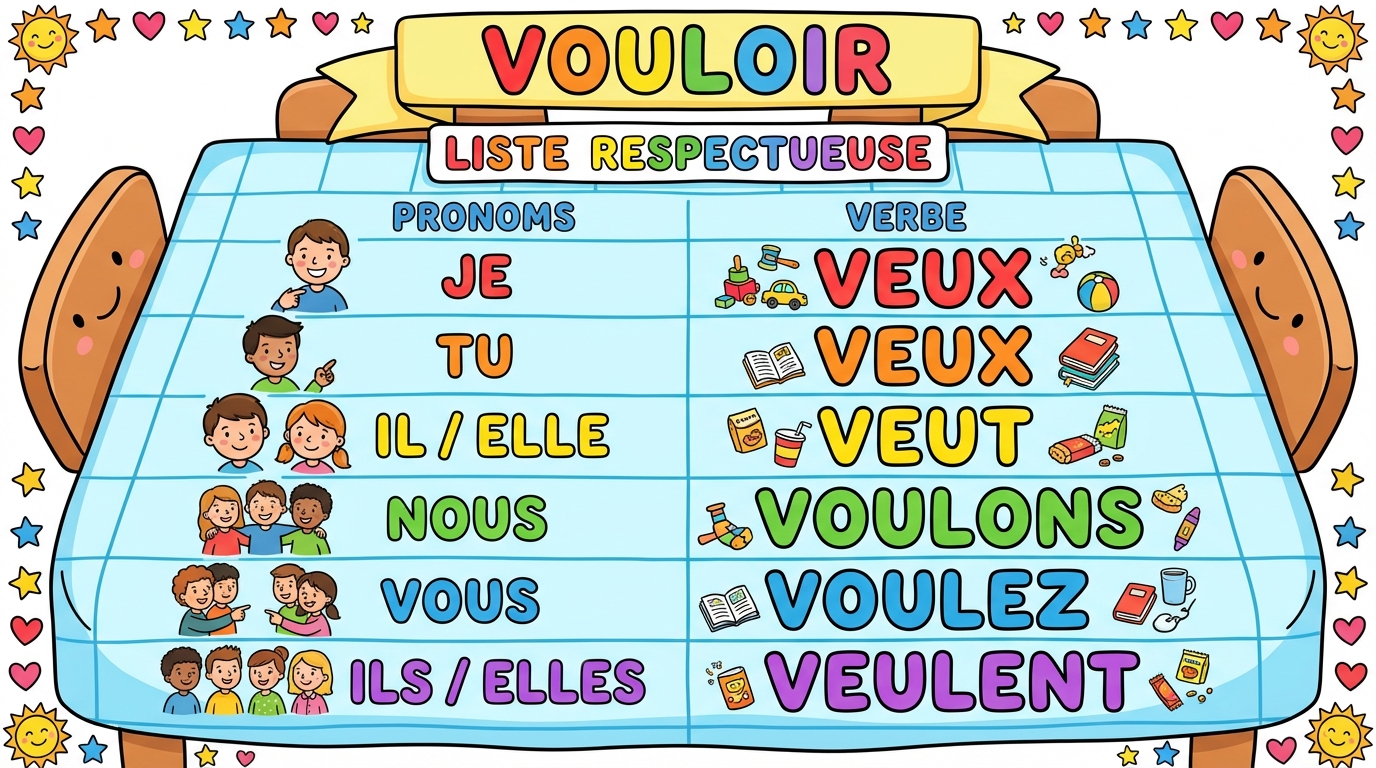 Vouloir, liste respectueuse. Je veux, tu veux, il/elle veut, nous voulons, vous voulez, ils/elles veulent.